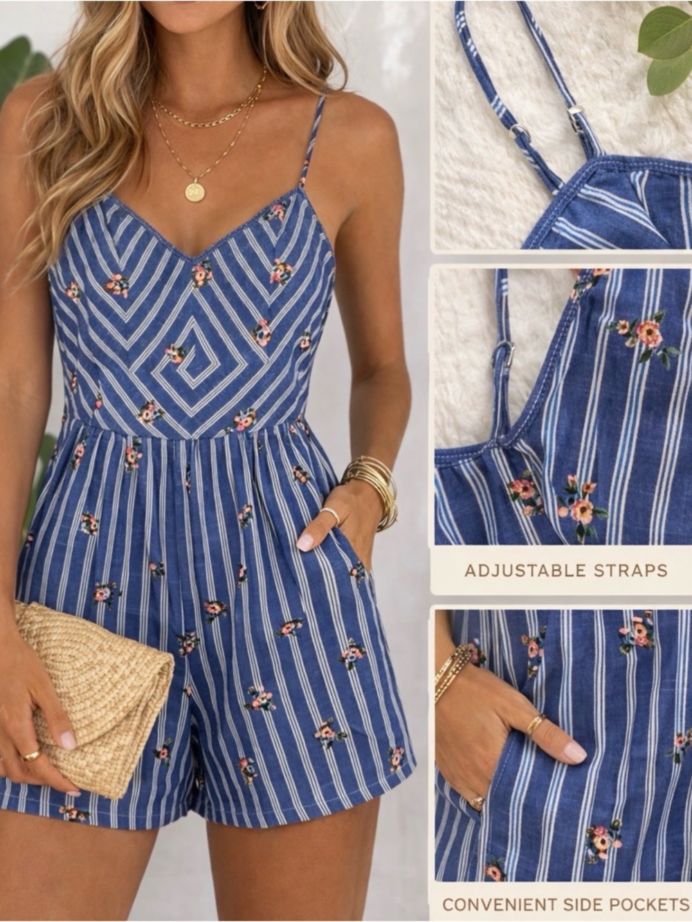 Blue Striped Floral Romper with Adjustable Straps